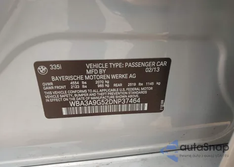 2013 BMW 335I from USA, damaged, VIN WBA3A9G52DNP37464